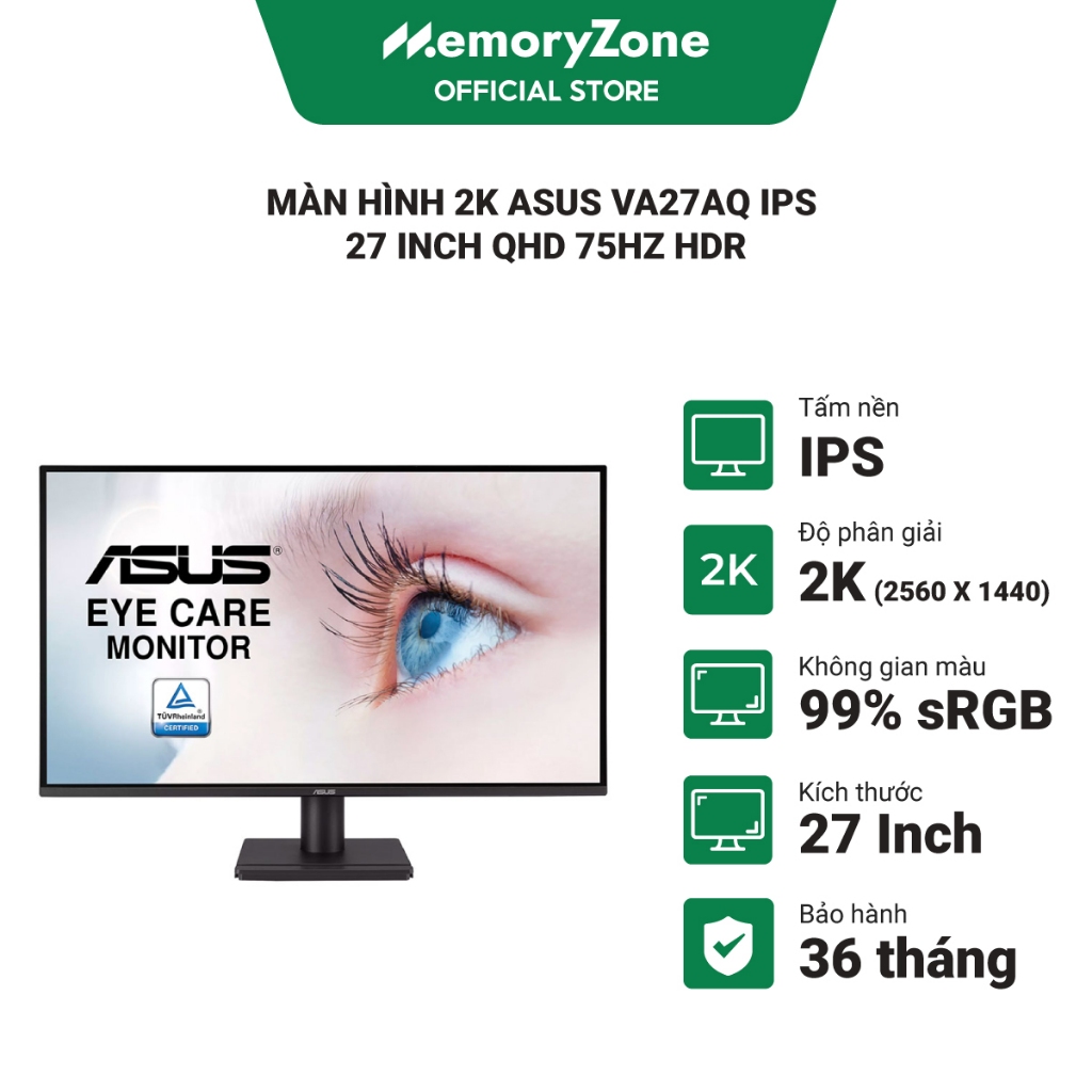 Màn hình 2K ASUS VA27AQ IPS 27 inch QHD 75Hz HDR - Bảo hành 36 tháng