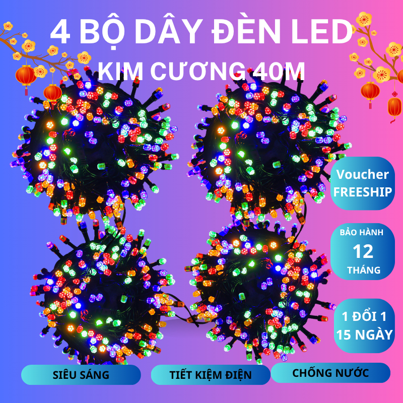 Bộ 4 Dây Đèn LED Nháy Kim Cương Đèn Trang Trí Chống Nước Cho Sân Vườn, Noel, Tết