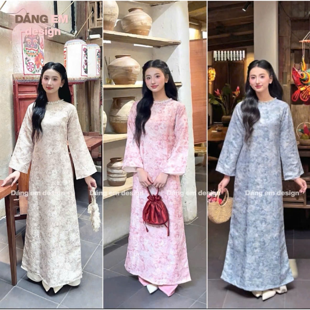 Áo dài Châu Nhã, Áo dài tết gấm vân hoa chìm cách tân dáng xuông tay loe thanh lịch, sạng trọng đi lễ, dạm ngõ, cô dâu