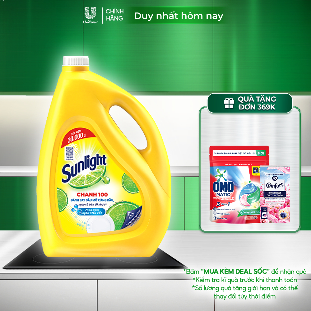 Nước Rửa Chén Bát Sunlight Chanh 100 Sạch Nhanh Xả Bọt Nhanh Rửa Sạch Dầu Mỡ 3.6kg
