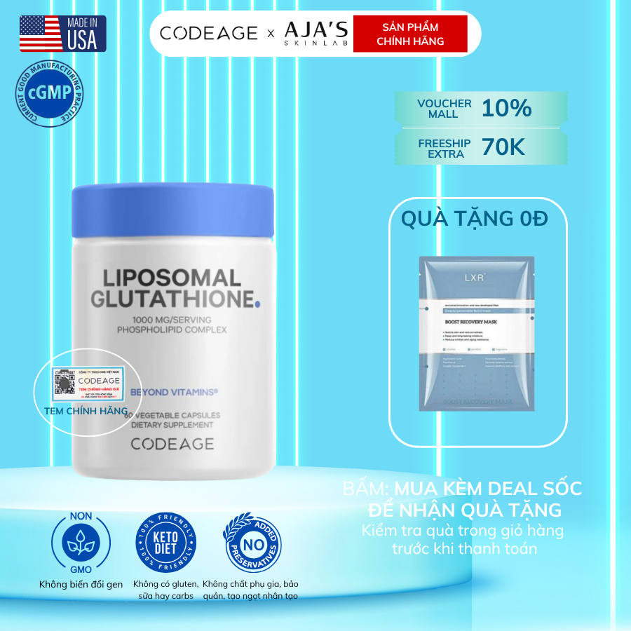 Viên uống hỗ trợ dưỡng sáng da CodeAge Liposomal Glutathione 60 viên hỗ trợ cải thiện nám 500mg/1000mg ajaskinlab
