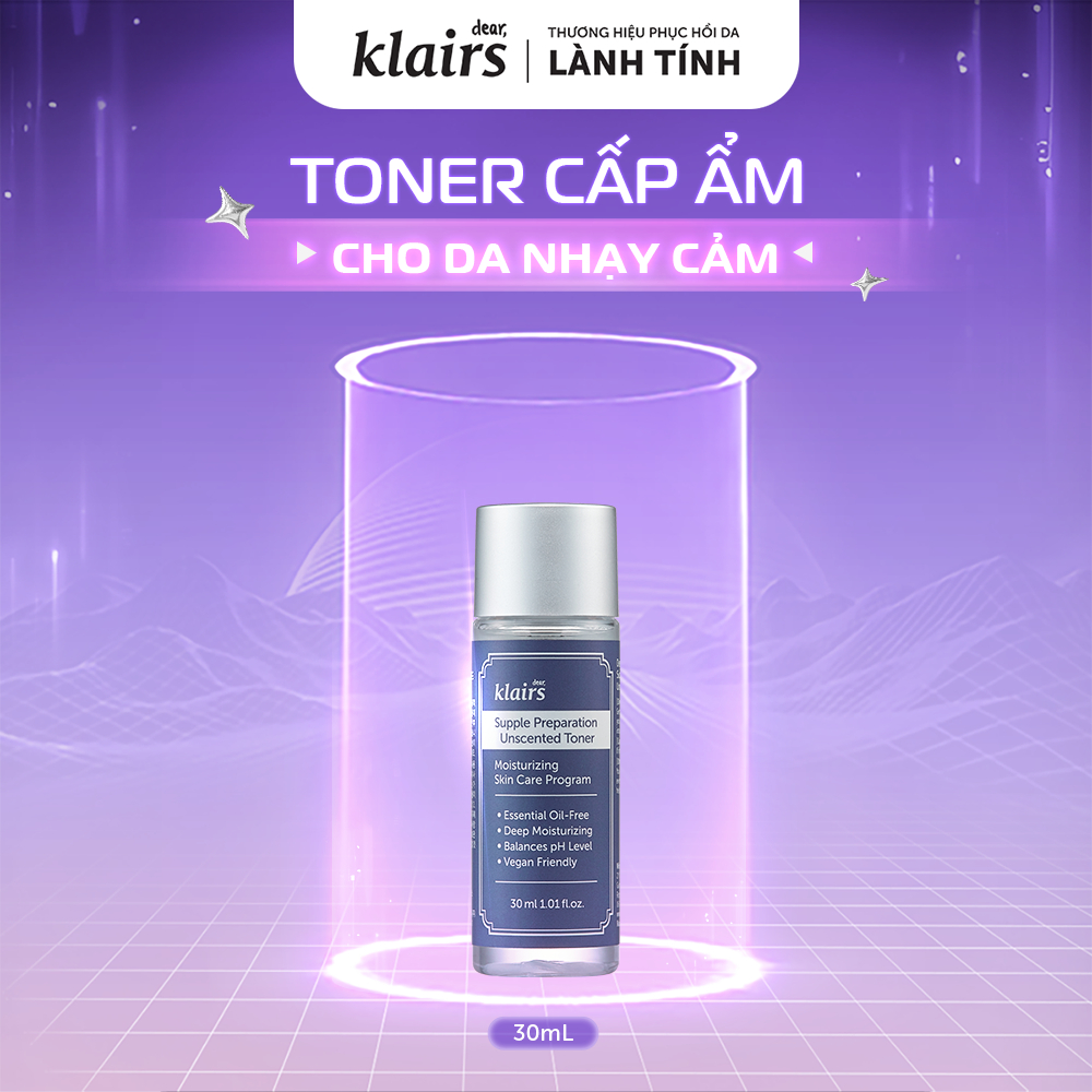 Nước hoa hồng Dear, Klairs Supple Preparation Unscented Toner hỗ trợ làm sáng da 30ml