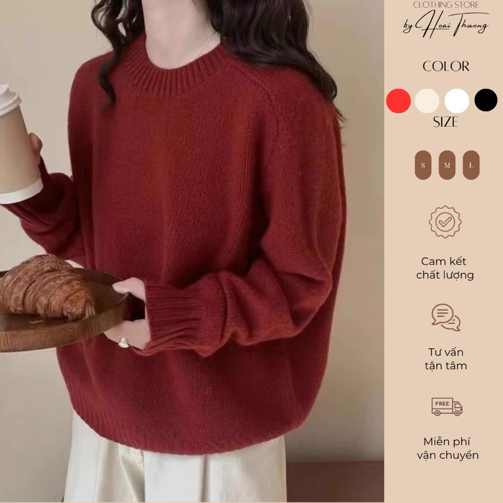 Áo len dệt kim cổ tròn chất len mịn dầy form rộng kiểu trơn basic