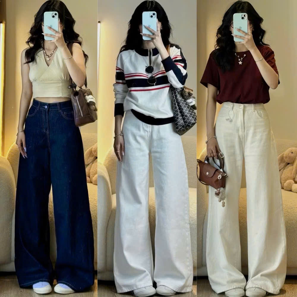 Quần Jean Trắng Nữ ống Rộng 33cm DÀI 98-104cm cạp cao chất Jean mềm dày dặn đầy đủ size S-XL