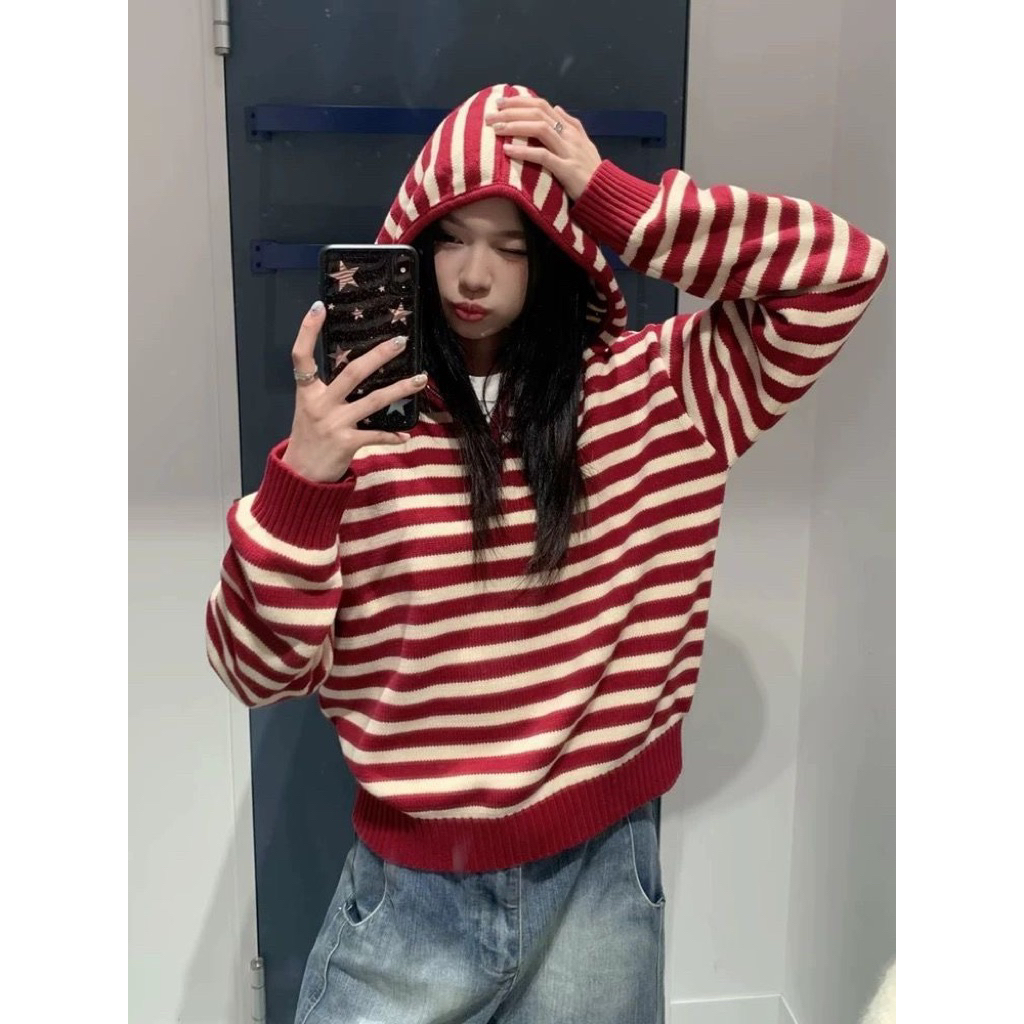 Áo len hoodie cổ khoá kẻ ngang có mũ phong cách ulzang hàn quốc basic