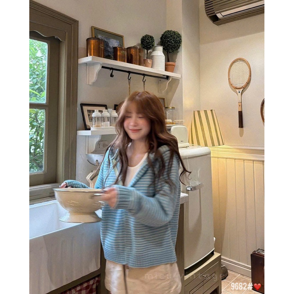 9682 Áo khoác kẻ khoá kéo mũ quảng châu kẻ Xanh