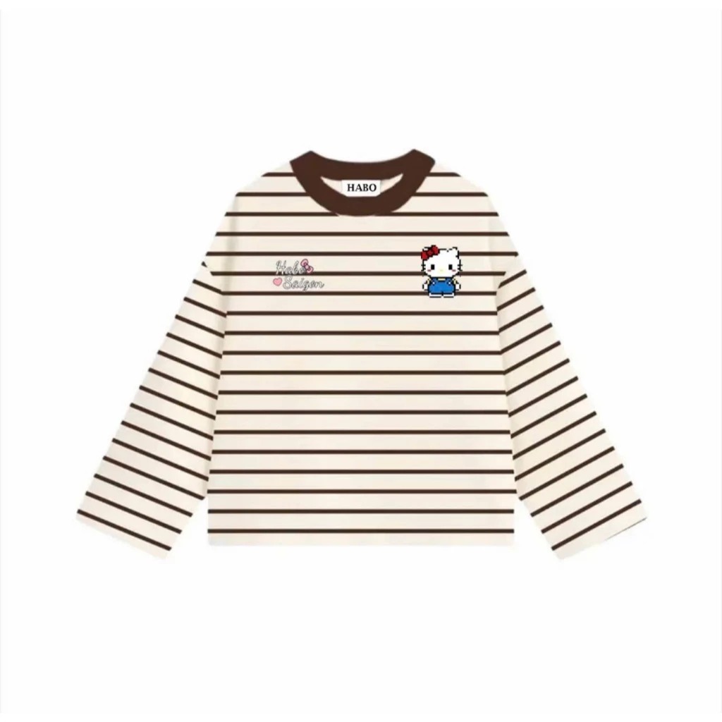 Áo thun tay dài sọc ngang thun Borip,áo phông form rộng cổ tròn hình hello kitty Unisex nam nữ cá tính