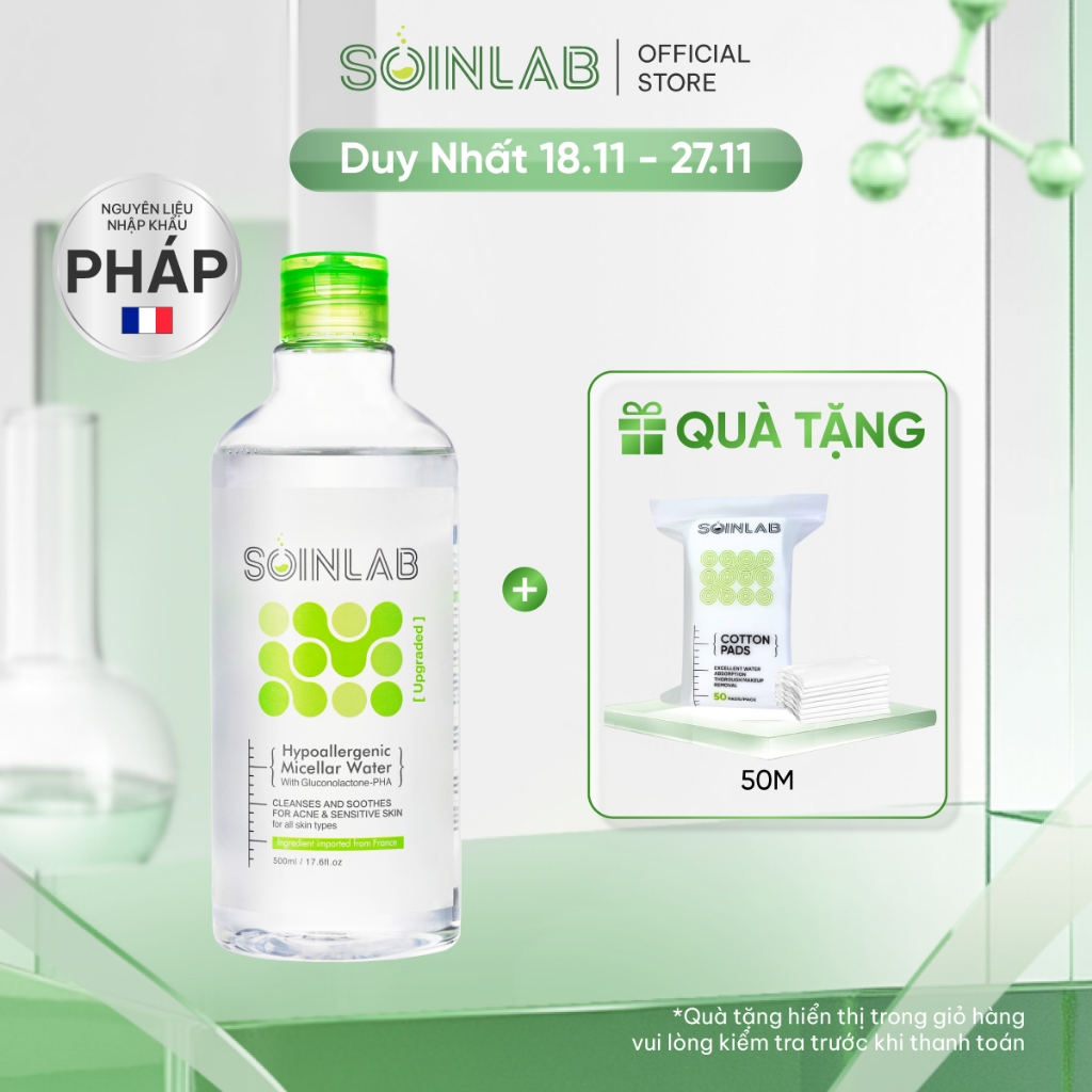 |MUA 1 TẶNG 1| Nước tẩy trang SOINLAB 500ml làm sạch dịu da Hypoallergenic Micellar Water With Gluconolactone PHA SOIN01