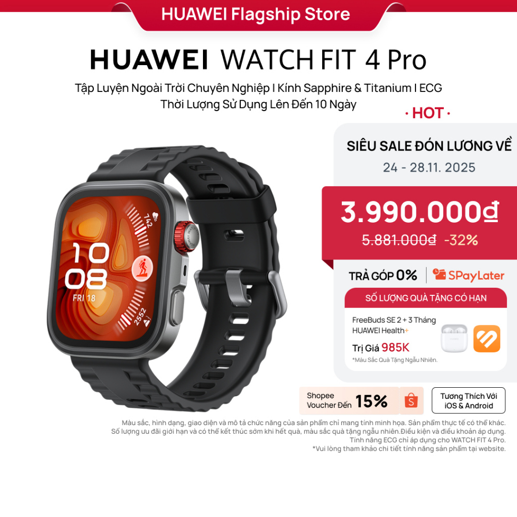 [HOT DEAL] Đồng Hồ Thông Minh HUAWEI WATCH FIT 4 Pro | Mỏng Nhẹ | Thể Thao & Sức Khỏe | Lên Đến 10 Ngày Sử Dụng| ECG*