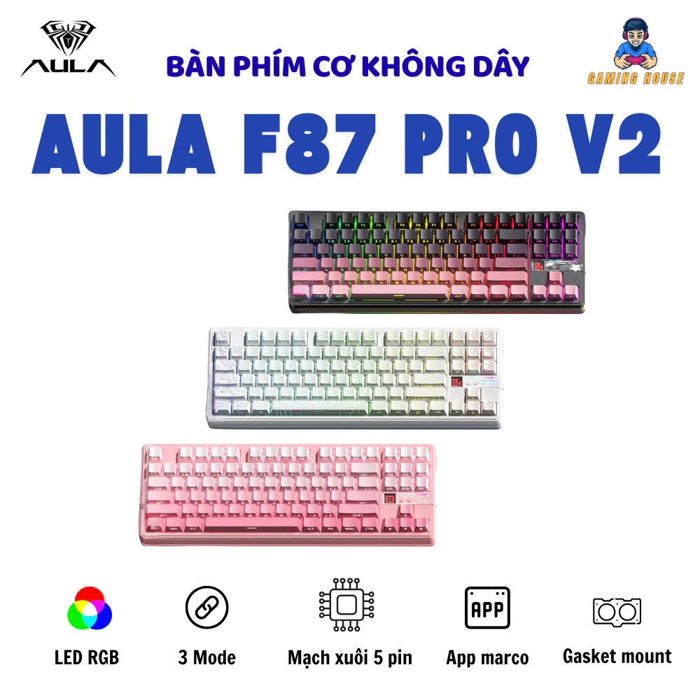Bàn phím cơ AULA F87 Pro V2 - Pin 120000 - LED RGB- Layout TKL- Hotswap 5 Pin - Có app Macro