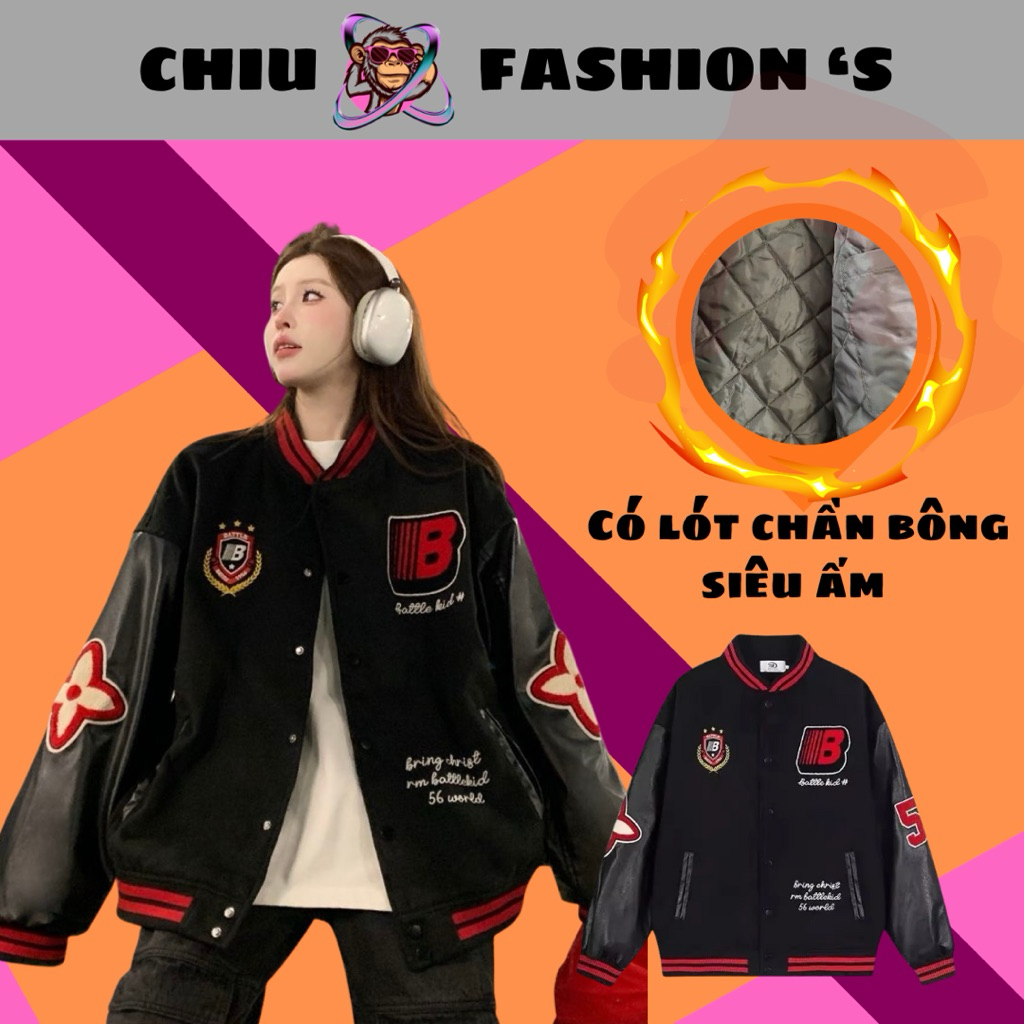 áo khoác varsity jacket IB chất vải dạ 2 lớp phối tay da lót chần bông dày dặn kết hợp hình thêu xù nổi bật và bắt mắt