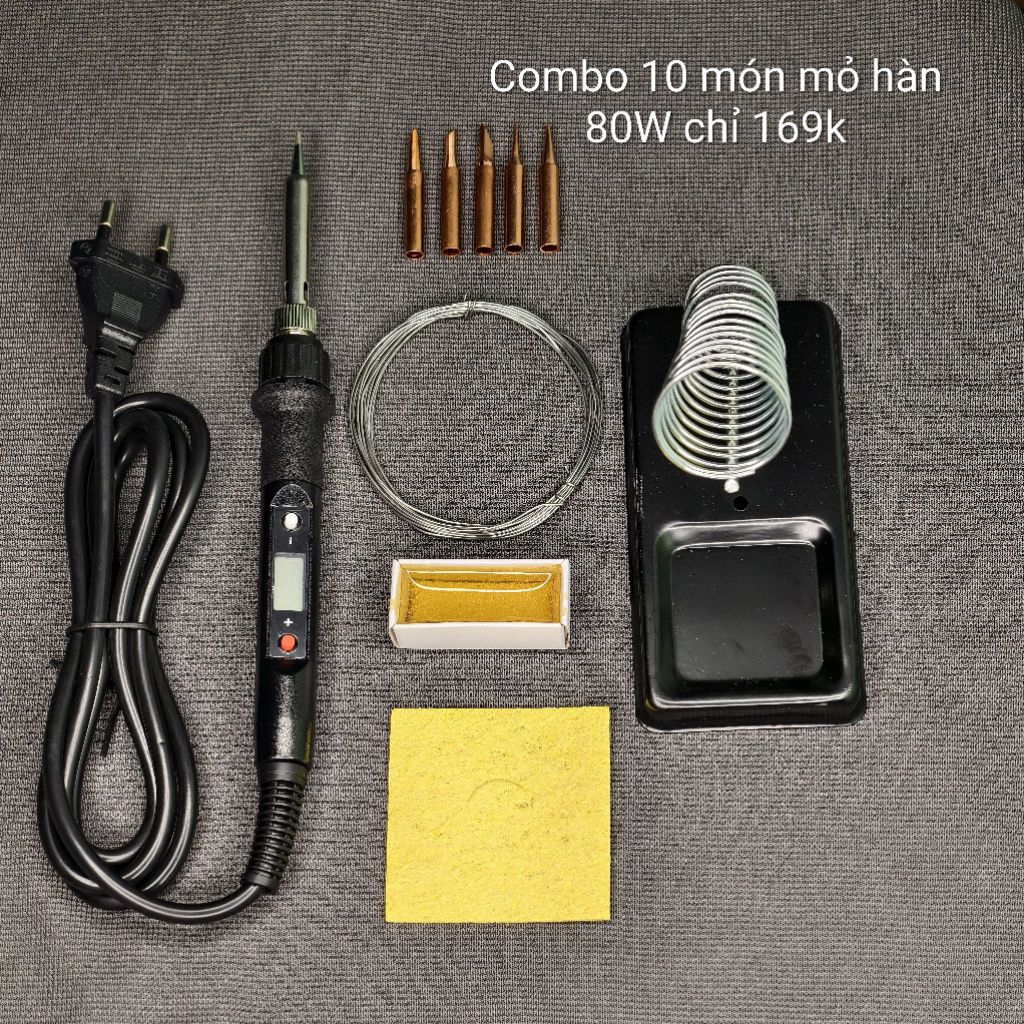 COMBO 10 MÓN MỎ HÀN MẠCH ĐIỆN 908S 80W TẶNG KÈM KỆ GÁC, 5 MŨI ĐỒNG...