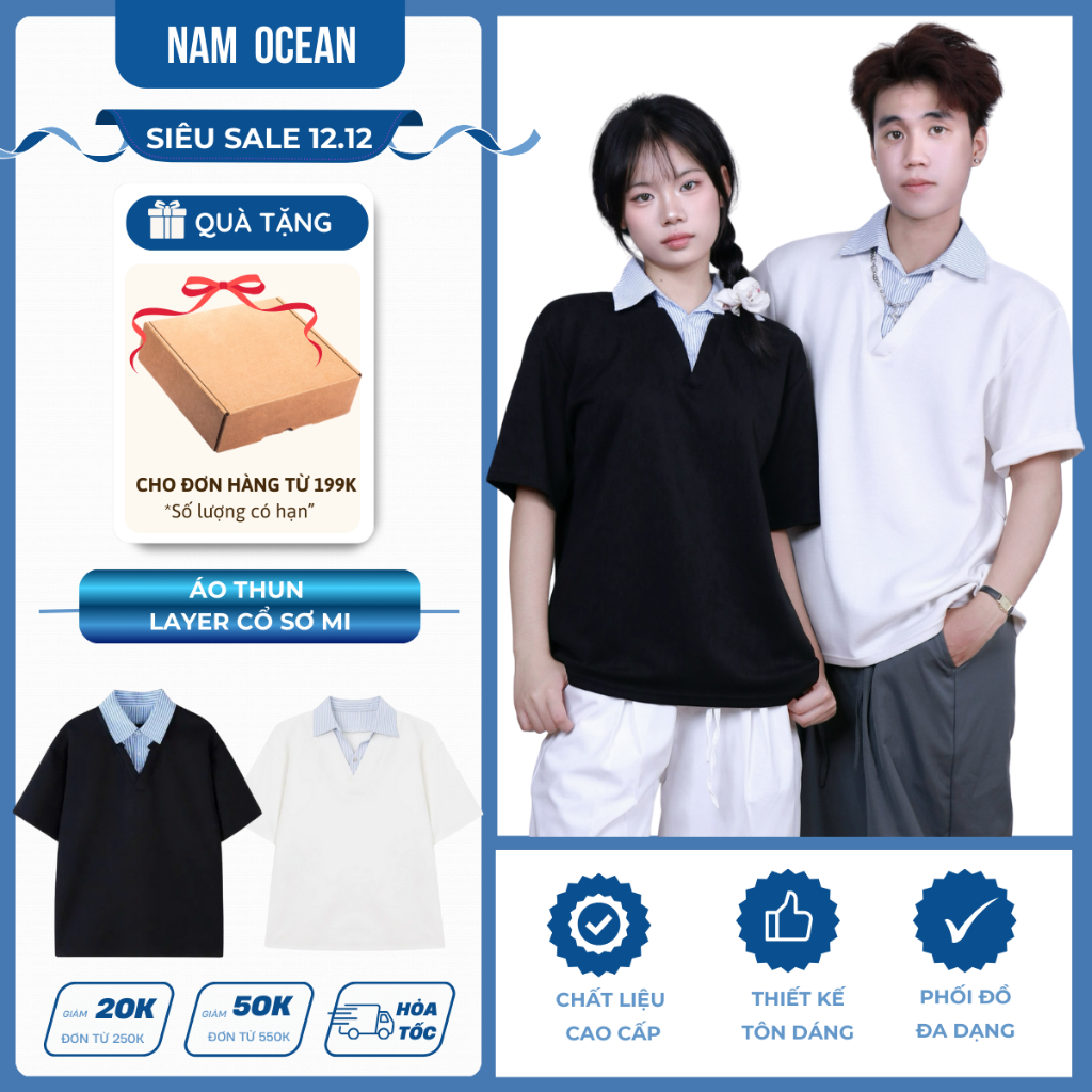 Áo Thun Layer NAM OCEAN Cổ Phối Sơ Mi Nam Nữ Unisex Form Rộng Hàn Quốc Size S-2XL Đa Dạng Màu M11