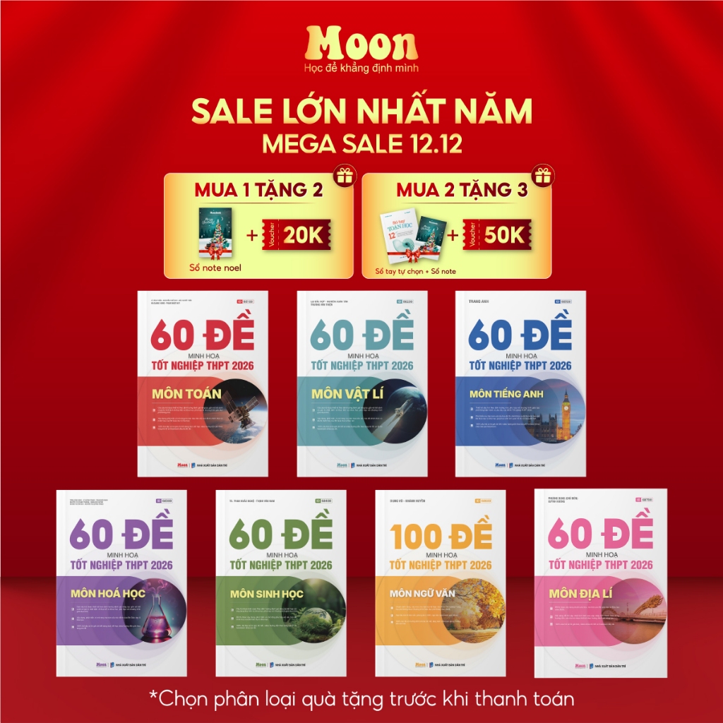 Sách bộ đề minh hoạ ôn thi THPT 2026 môn Toán, Lý, Hoá, Sinh, Anh, Văn, Sử, Địa Moonbook