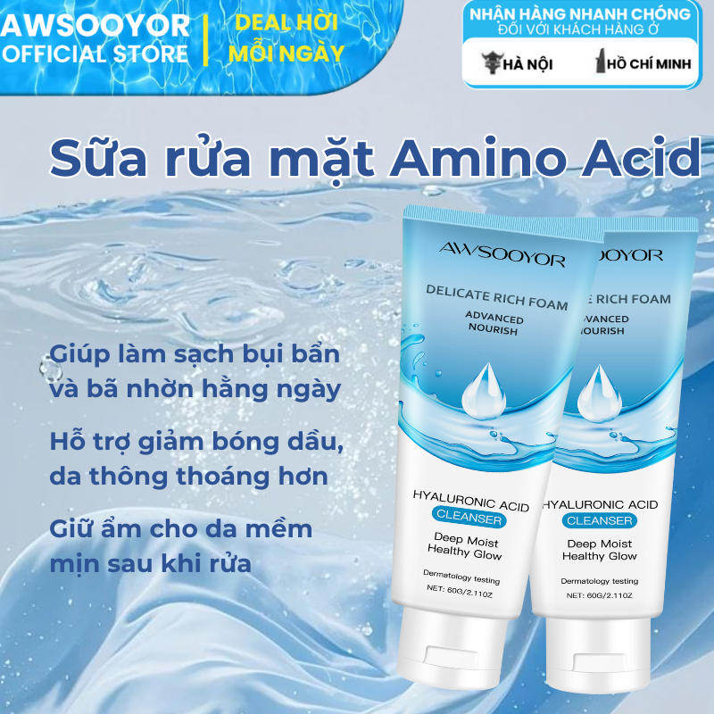 AWSOOYOR Sữa rửa mặt Amino Acid 60g cảm giác da sạch thoáng, hỗ trợ làm giảm dầu thừa, phù hợp nhiều loại da