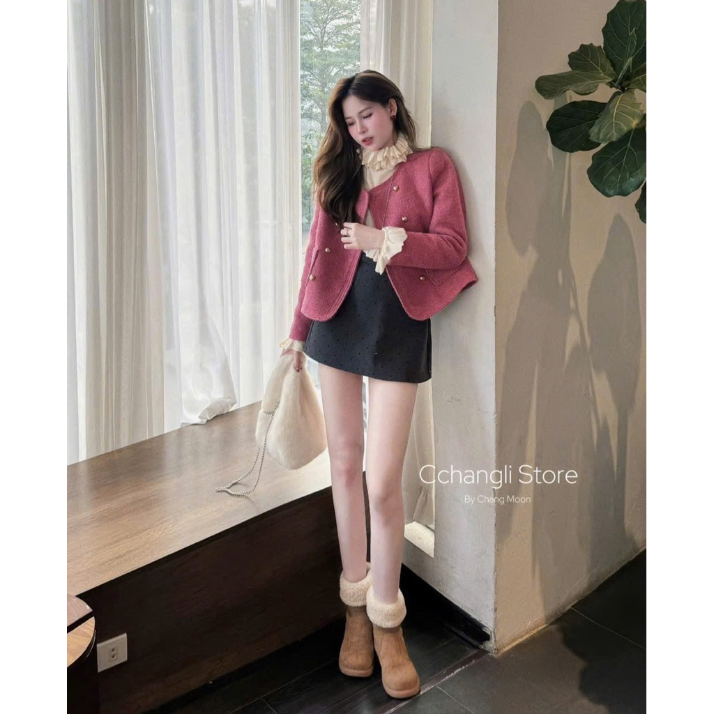 Khoác dạ hồng túi hộp ChangLi
