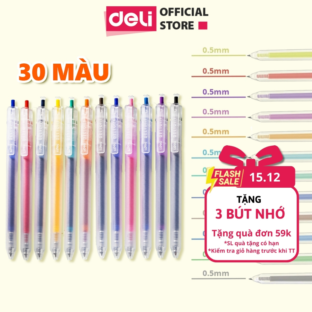 [40 MÀU MỚI] Bút Bi Nước Mực Gel Bấm Nhiều Màu Nhanh Khô 0.5mm Deli-Viết Bi Học Sinh Văn Phòng Mực Đều Lâu Hết Mực EG118