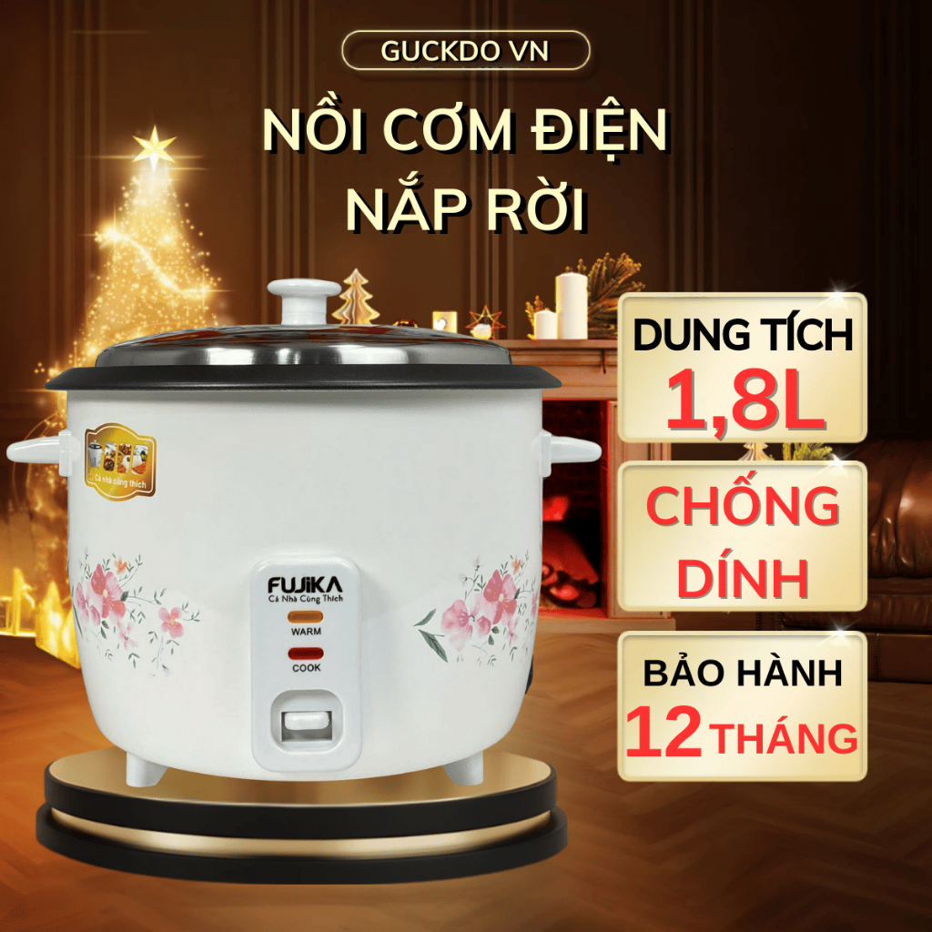Nồi cơm điện nắp rời Fujika chính hãng, nồi cơm chống dinh 3 lớp dày dặn giúp nấu cơm siêu ngon