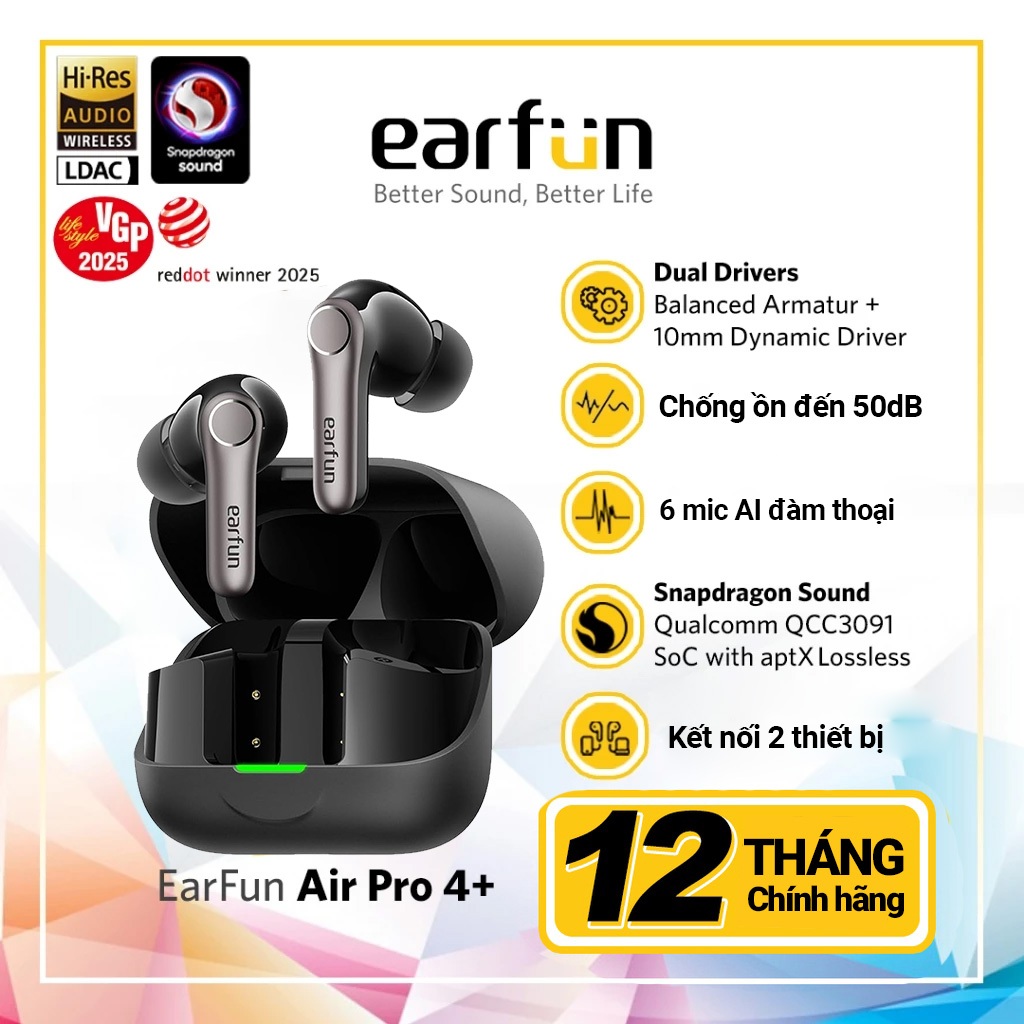 [23/12 MỞ BÁN] Tai nghe Bluetooth Earfun Air Pro 4+ chống ồn ANC 50dB loa kép hỗ trợ aptX Lossless LDAC pin 54h