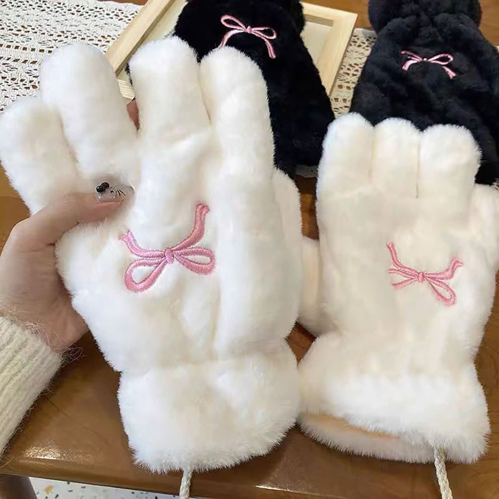 Găng tay mùa đông – lông mềm ấm, nơ hồng cute, găng tay đi học đi chơi