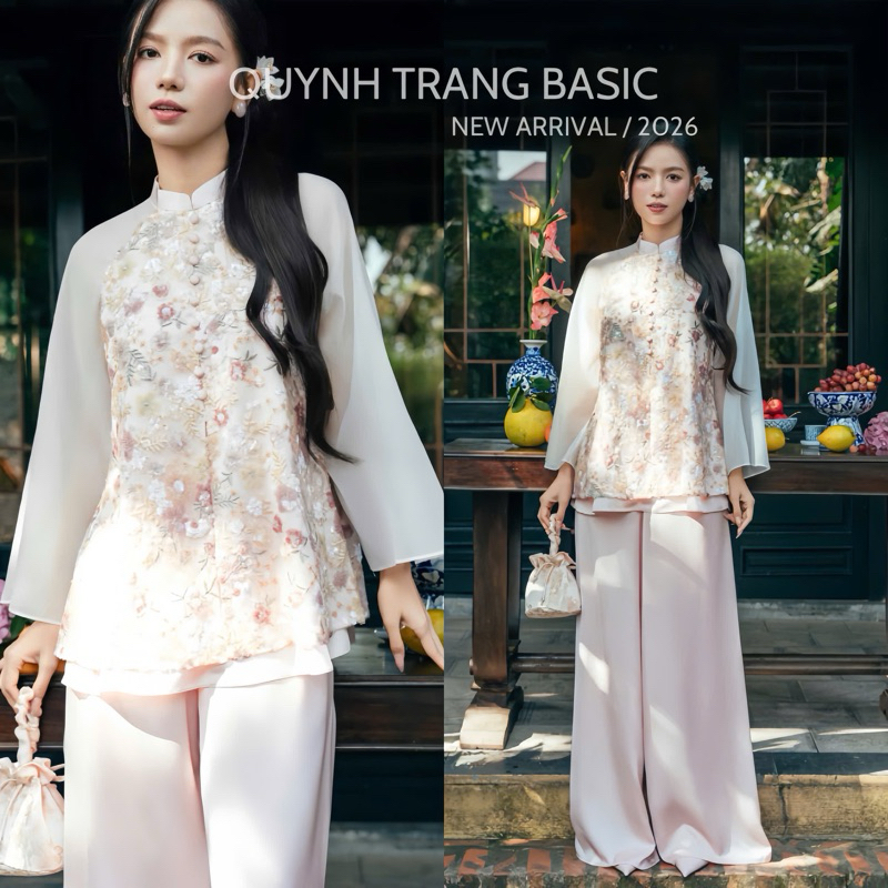 Set pháp phục Kim sa Hoa thêu Cao cấp phối viền tay nơ Thanh lịch cổ điển - QuynhTrangBasic