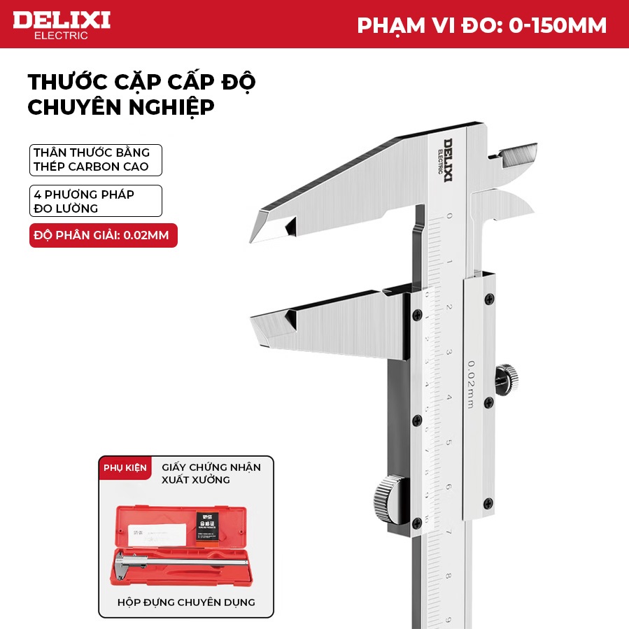 Thước Kẹp Cơ Khí Delixi Thước Cặp Đo 0-150mm Chất Liệu Thép Không Gỉ, Độ Chính Xác Cao, Bền Bỉ