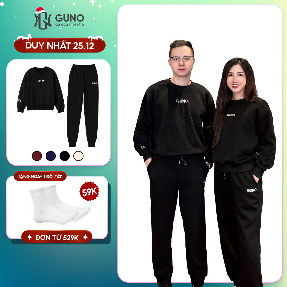 Bộ Quần Áo Nỉ Nam Nữ GUNO Cổ Tròn Logo Thêu Tay Kèm Quần Bo Gấu Thời Trang Dễ Phối SP5 25BG150/BB179