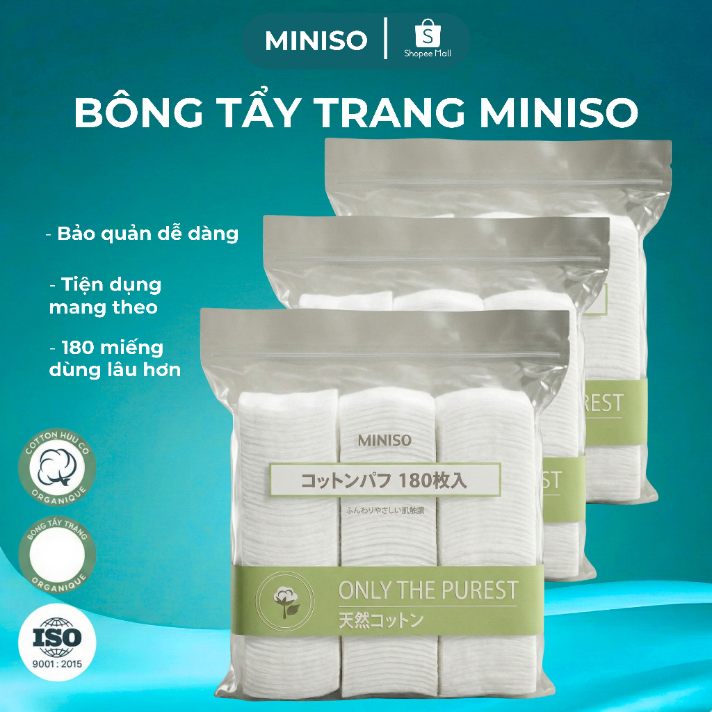 [ COMBO 3 BỊCH VUÔNG ] Bông Tẩy Trang Miniso 180 Miếng Vuông Nhật Bản Siêu Mềm Mại, Bông Tẩy Trang Làm Sạch Sâu