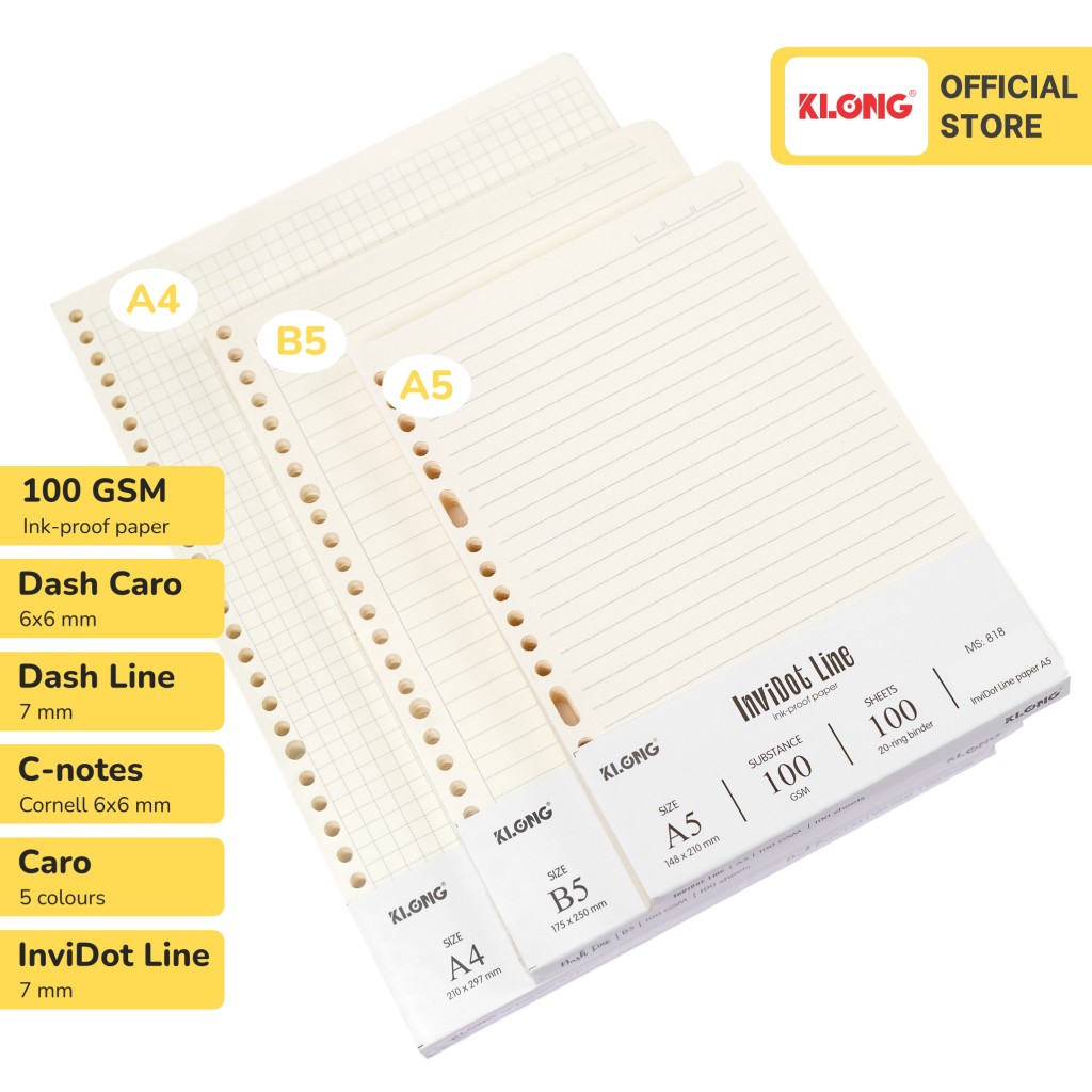Ruột sổ còng giấy refill KLONG 100GSM Dash Caro Dash Line InviDot Line A5 B5 A4 200 trang