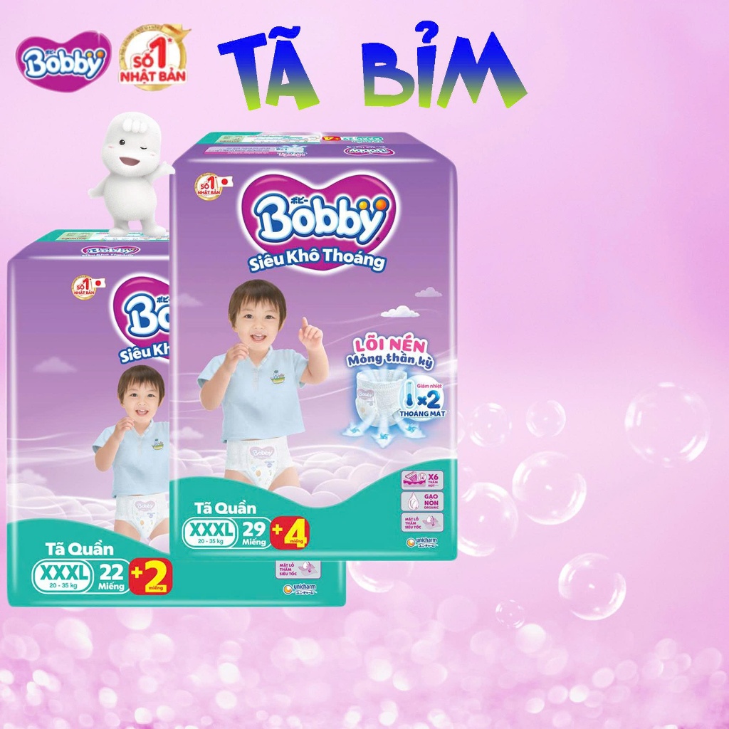 Tã/bỉm quần Bobby XXXL24/ XXXL31 miếng lõi nén 3mm Jumbo Gạo non Giảm nhiệt. bao bì thay đỏi tùy đợt nhập hàng