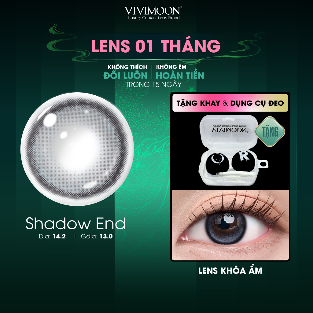 Lens cận khóa ẩm VIVIMOON màu xám khói Shadow End, kính áp tròng hạn sử dụng 1 tháng