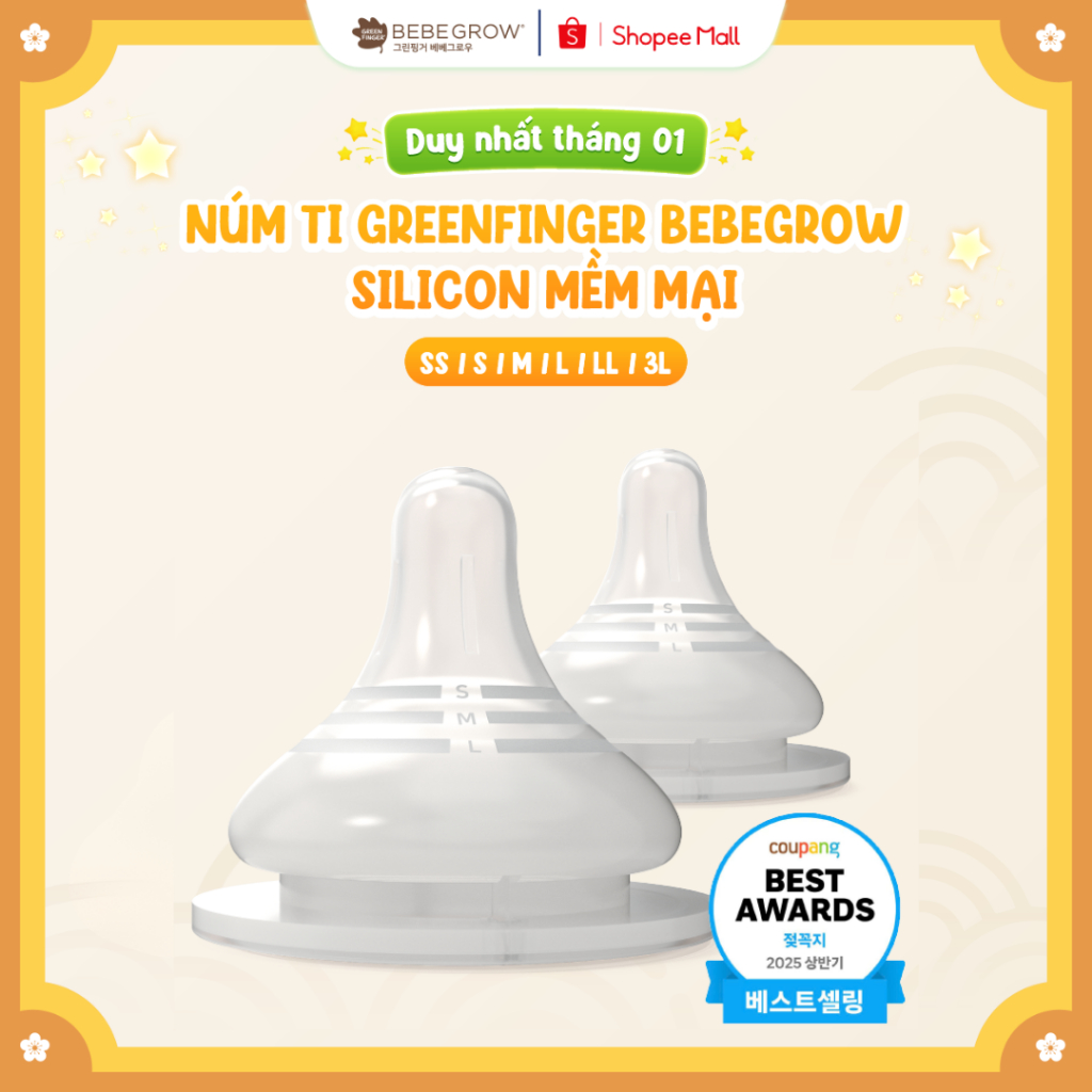 Núm ti Greenfinger Bebegrow Hàn Quốc mềm mại 2 van thoát khí bé bú bình sữa thoải mái SS/S/M/L/LL/3L