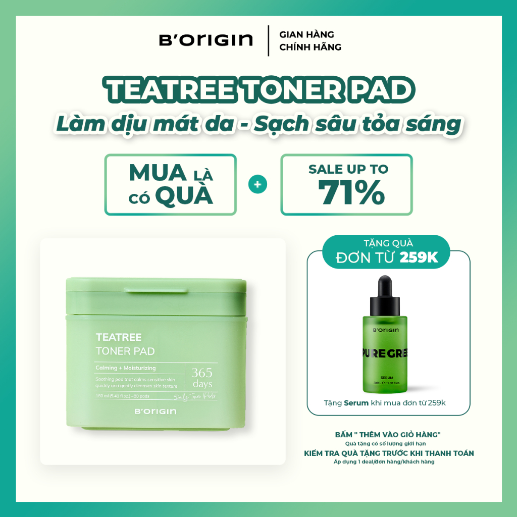 Toner Pads Teatree B'origin 160ml/80 miếng- Giảm kích ứng, sạch sâu cho da nhạy cảm
