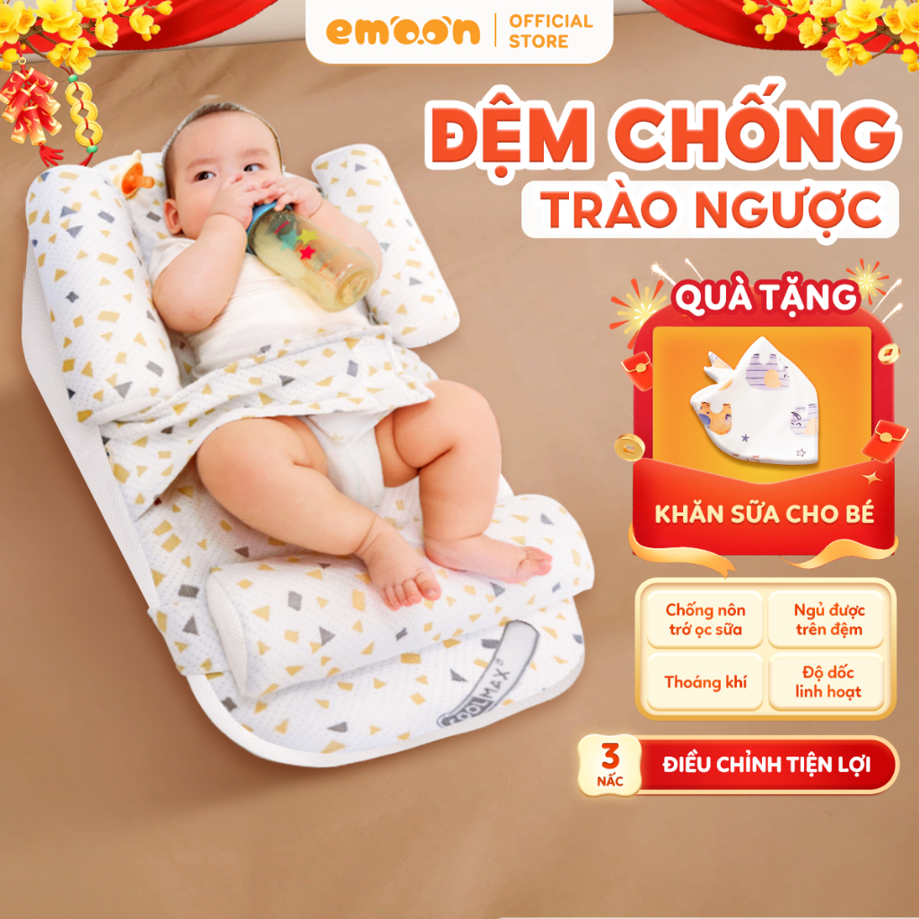 Đệm chống trào ngược cho bé Emoon cao cấp có gối chặn kèm đai cố định giúp bảo vệ cột sống cho bé