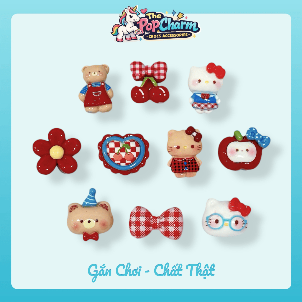 [Bộ 10 Chiếc] Set Charm Dép Hello Kitty Nơ Đỏ Caro Vintage, Sticker Dép, Jibbitz Nổi 3D Siêu Xinh - The POPCHARM