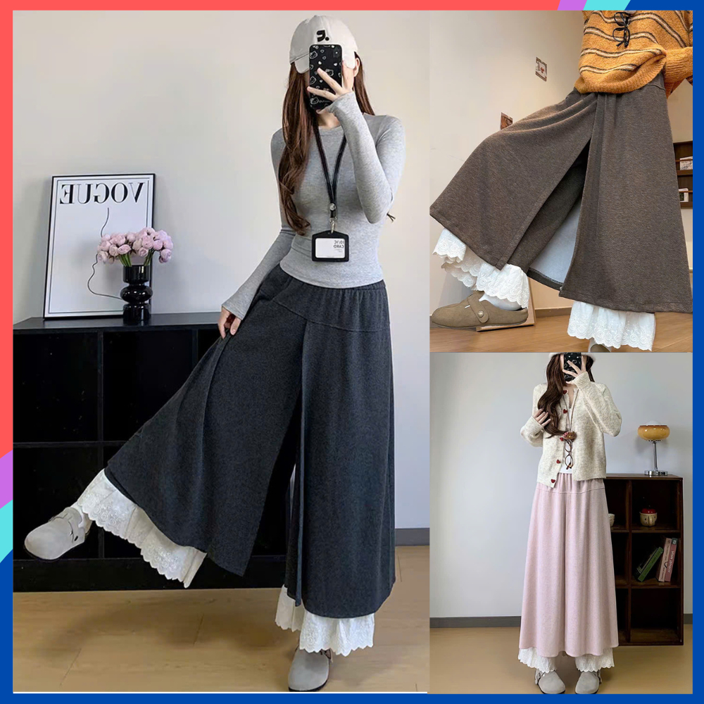 Quần váy dài nữ ống rộng phối ren thiết kế mùa thu đông GV99 Quần giả váy bigsize lưng thun thoải mái cạp cao mềm mại