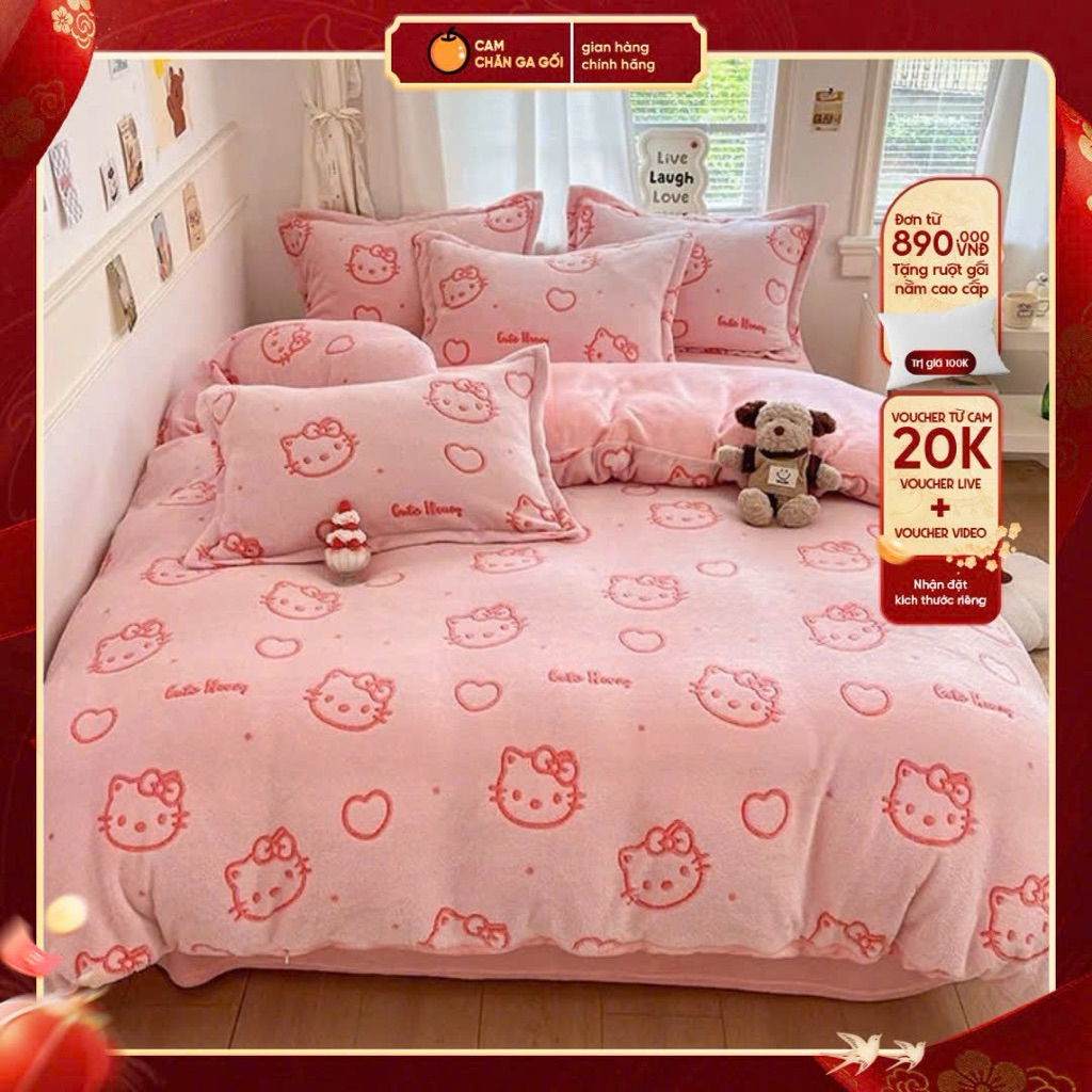 [NEW 2026] Bộ chăn ga gối 4 món Hello Kitty, nỉ nhung mùa đông cao cấp, xinh xắn - CAM CHĂN GA GỐI
