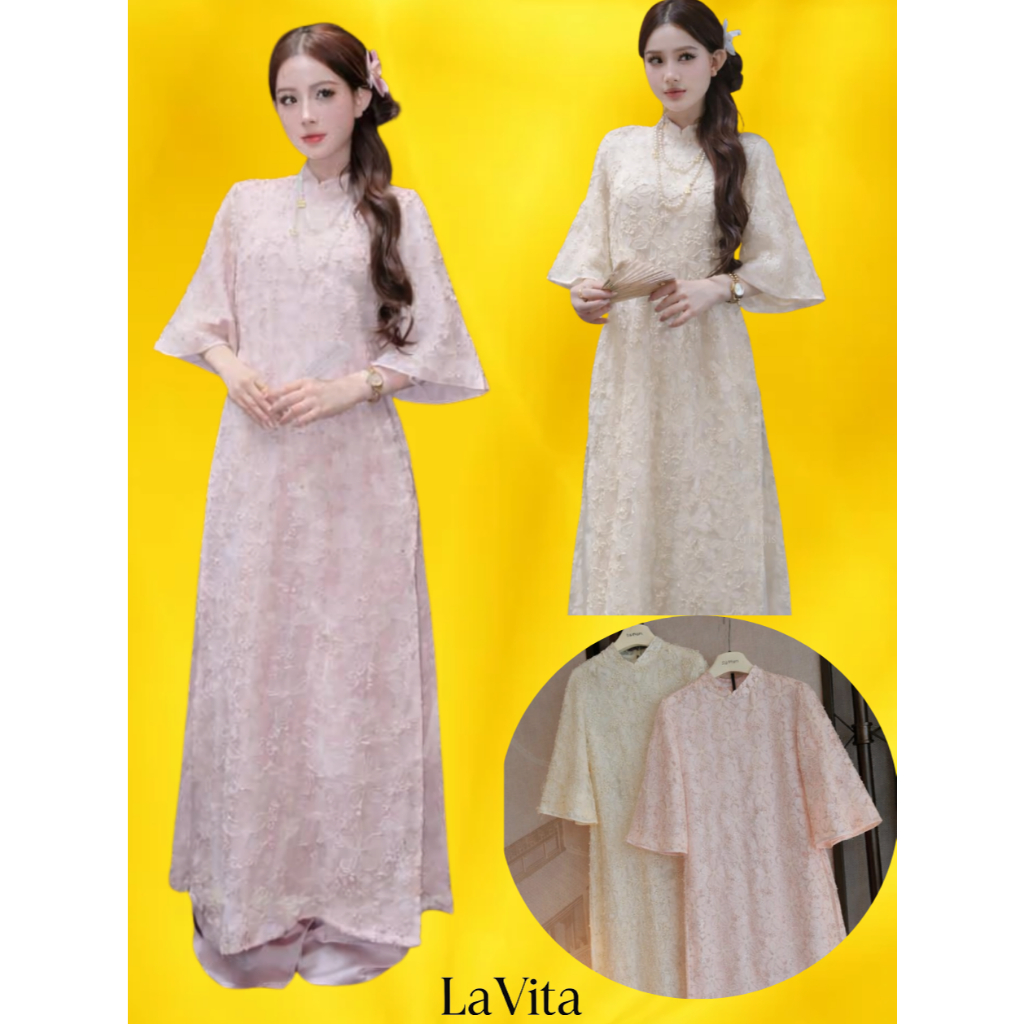 Set Áo dài tết 2026 áo dài truyền thống 🔥 REN KIM SA 🔥 BIGSIZE 70KG cổ trụ tay dài áo dài tết đi chùa KTT57