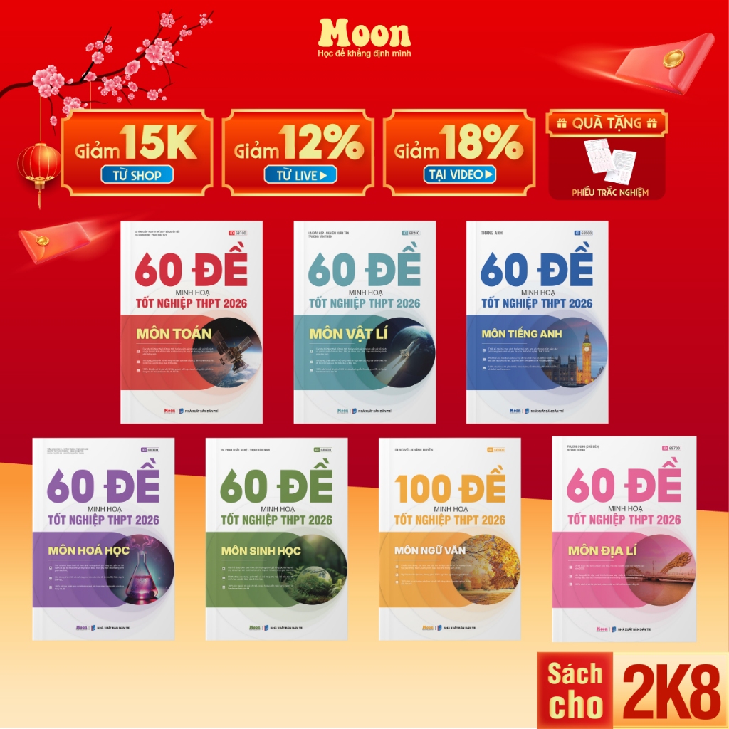 Sách bộ đề minh hoạ ôn thi THPT 2026 môn Toán, Lý, Hoá, Sinh, Anh, Văn, Sử, Địa Moonbook