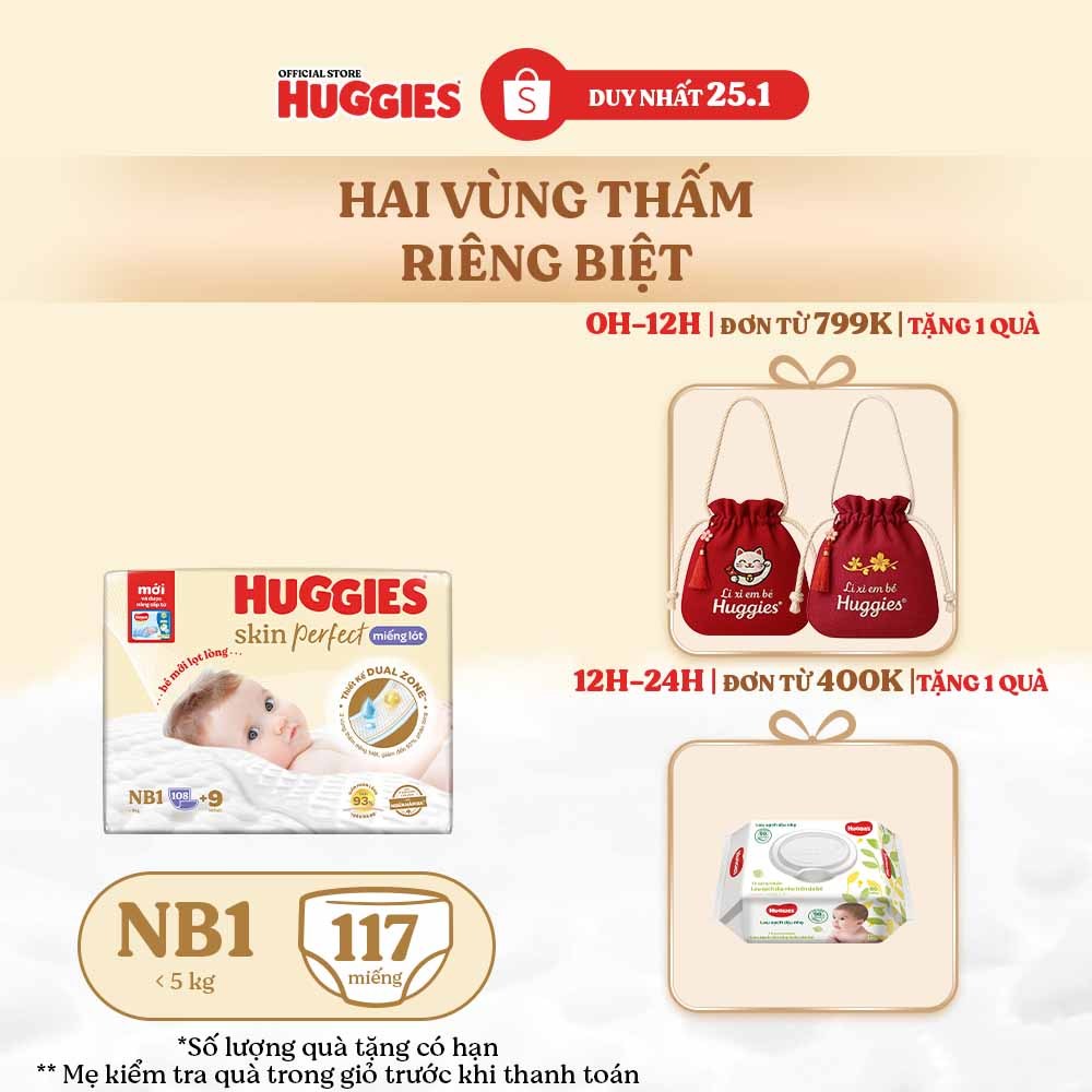 Miếng lót sơ sinh Huggies Skin Perfect NB1 108+6 miếng với 2 vùng thấm giảm kích ứng da