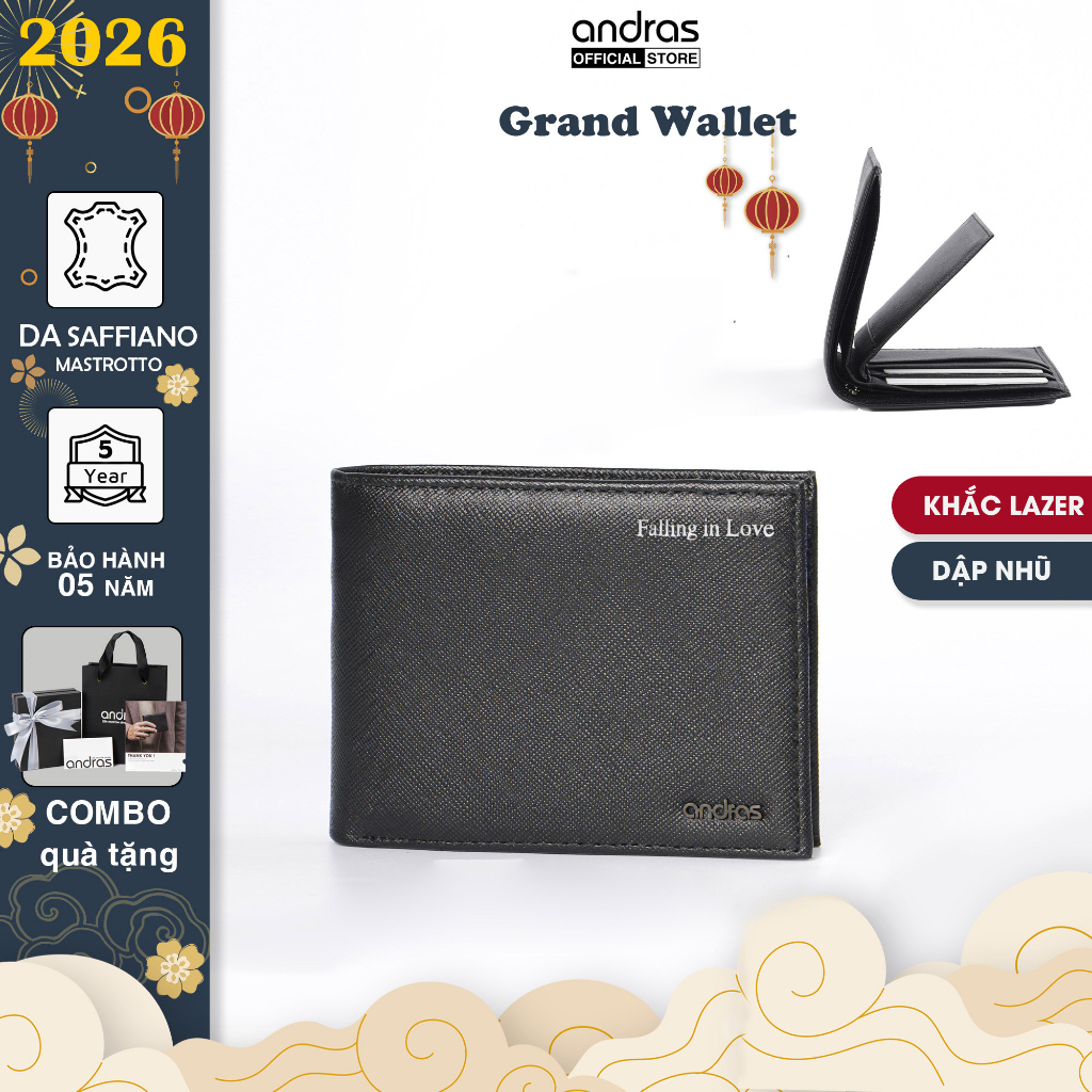 [Khắc Tên/Dập Nhũ] Ví nam da Saffiano ba lá gập đôi Grand Wallet bóp nam da thật cao cấp Andras -V12