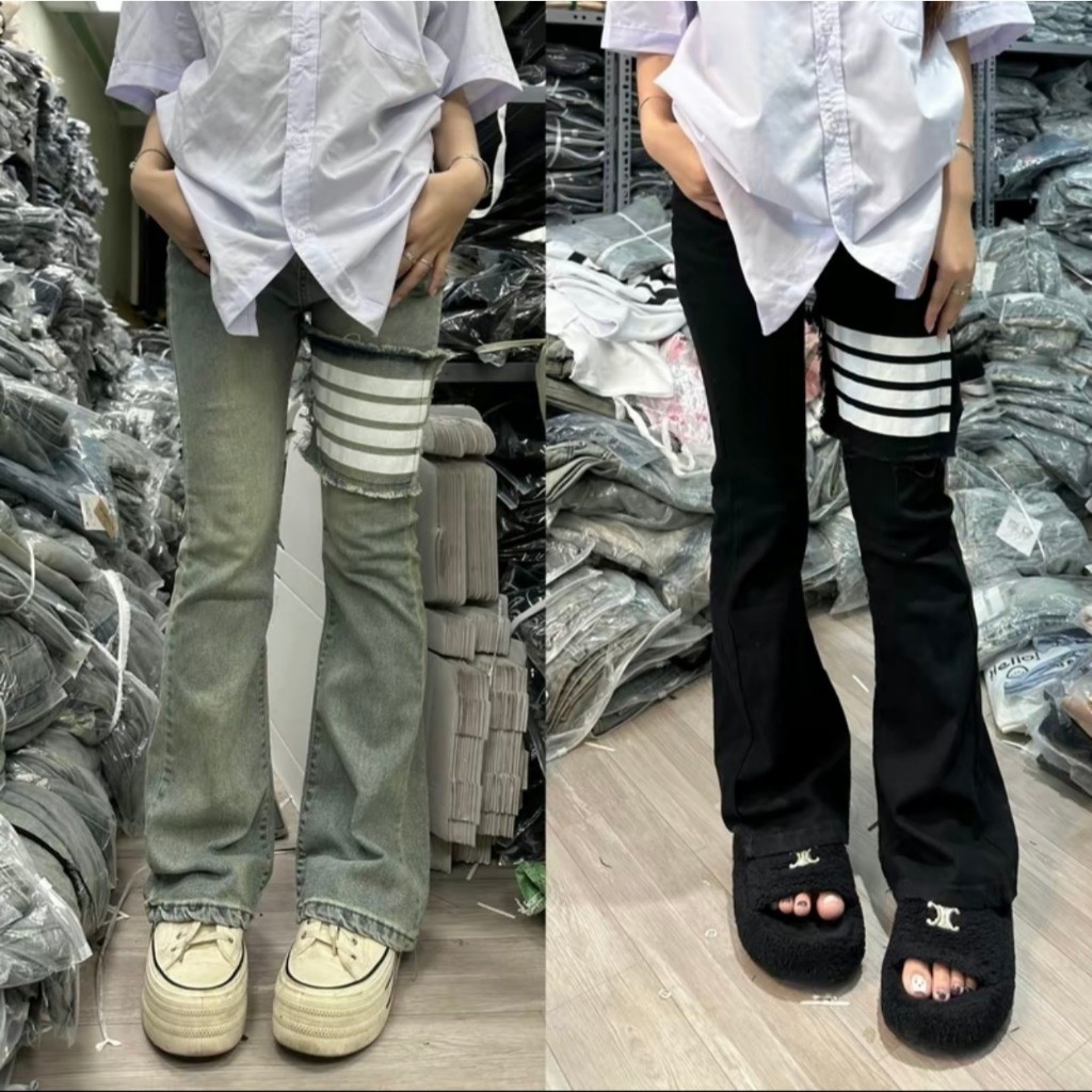Quần jeans ống loe in vạch mài đùi lưng cao chất bò co dãn