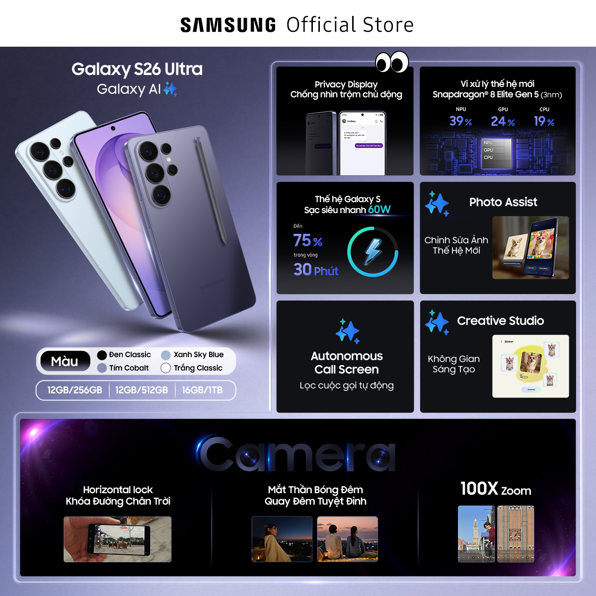 Điện thoại Samsung Galaxy S26 Ultra, 12GB/512GB, Privacy Display, Chip Snapdragon, Galaxy AI Phone, Camera 200MP | BigBuy360 - bigbuy360.vn