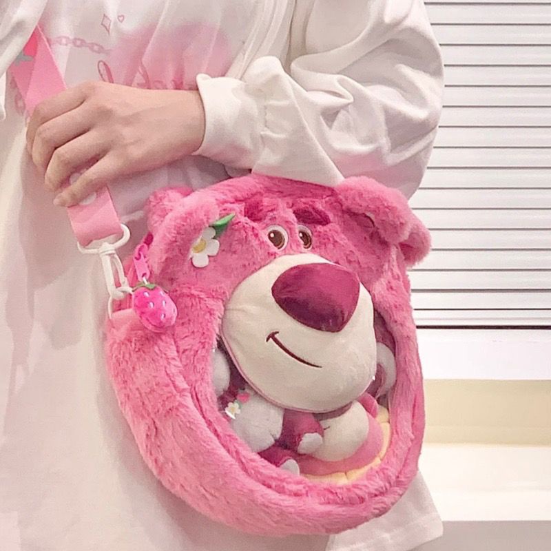Túi đeo vai Disney Gấu Pooh và Dâu Tây nhồi bông phong cách phim hoạt hình thêu tinh tế - 26 X 26 X 7CM