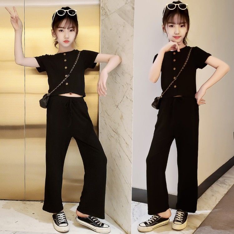 Set Áo Thun Ngắn Tay Và Quần Ống Rộng Thời Trang Mùa Hè Phong Cách Hàn Quốc Mới Cho Bé Gái 3-5-8-10-12 Tuổi