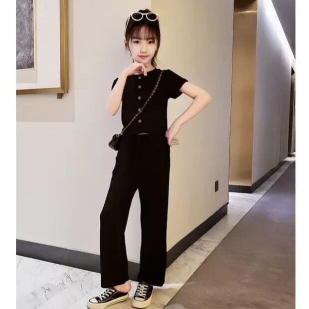 Set Áo Thun Ngắn Tay Và Quần Ống Rộng Thời Trang Mùa Hè Phong Cách Hàn Quốc Mới Cho Bé Gái 3-5-8-10-12 Tuổi