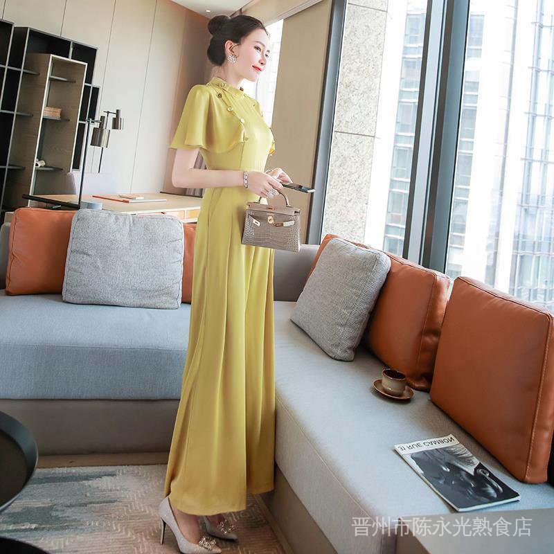 Bộ Áo Liền Quần Ống Rộng Màu Vàng Thời Trang Mùa Hè Phong Cách Âu Mỹ Cho Nữáo kiểu hàn quốc mùa hè