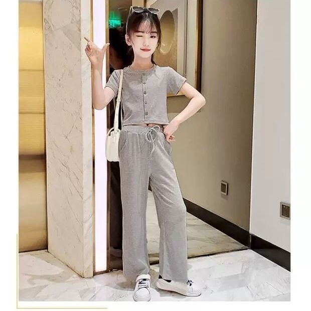 Set Áo Thun Ngắn Tay Và Quần Ống Rộng Thời Trang Mùa Hè Phong Cách Hàn Quốc Mới Cho Bé Gái 3-5-8-10-12 Tuổi