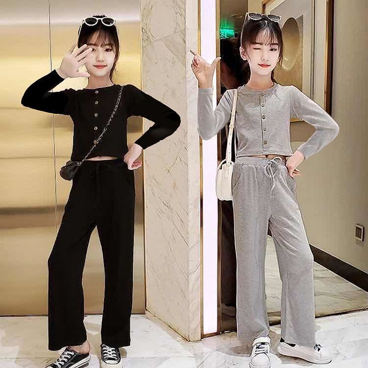 Set Áo Thun Ngắn Tay Và Quần Ống Rộng Thời Trang Mùa Hè Phong Cách Hàn Quốc Mới Cho Bé Gái 3-5-8-10-12 Tuổi
