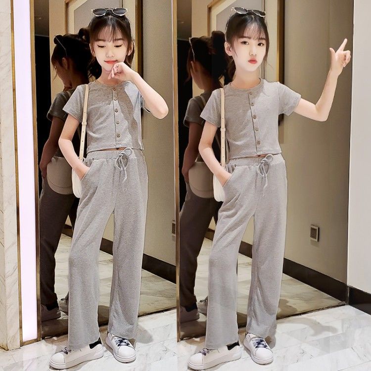 Set Áo Thun Ngắn Tay Và Quần Ống Rộng Thời Trang Mùa Hè Phong Cách Hàn Quốc Mới Cho Bé Gái 3-5-8-10-12 Tuổi